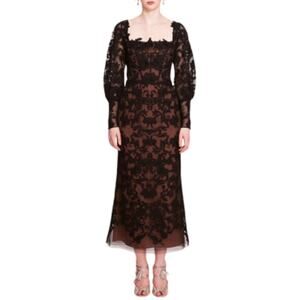 Marchesa Notte Long Sleeve Corded Midi Dress Black Lace Size 8 NEW